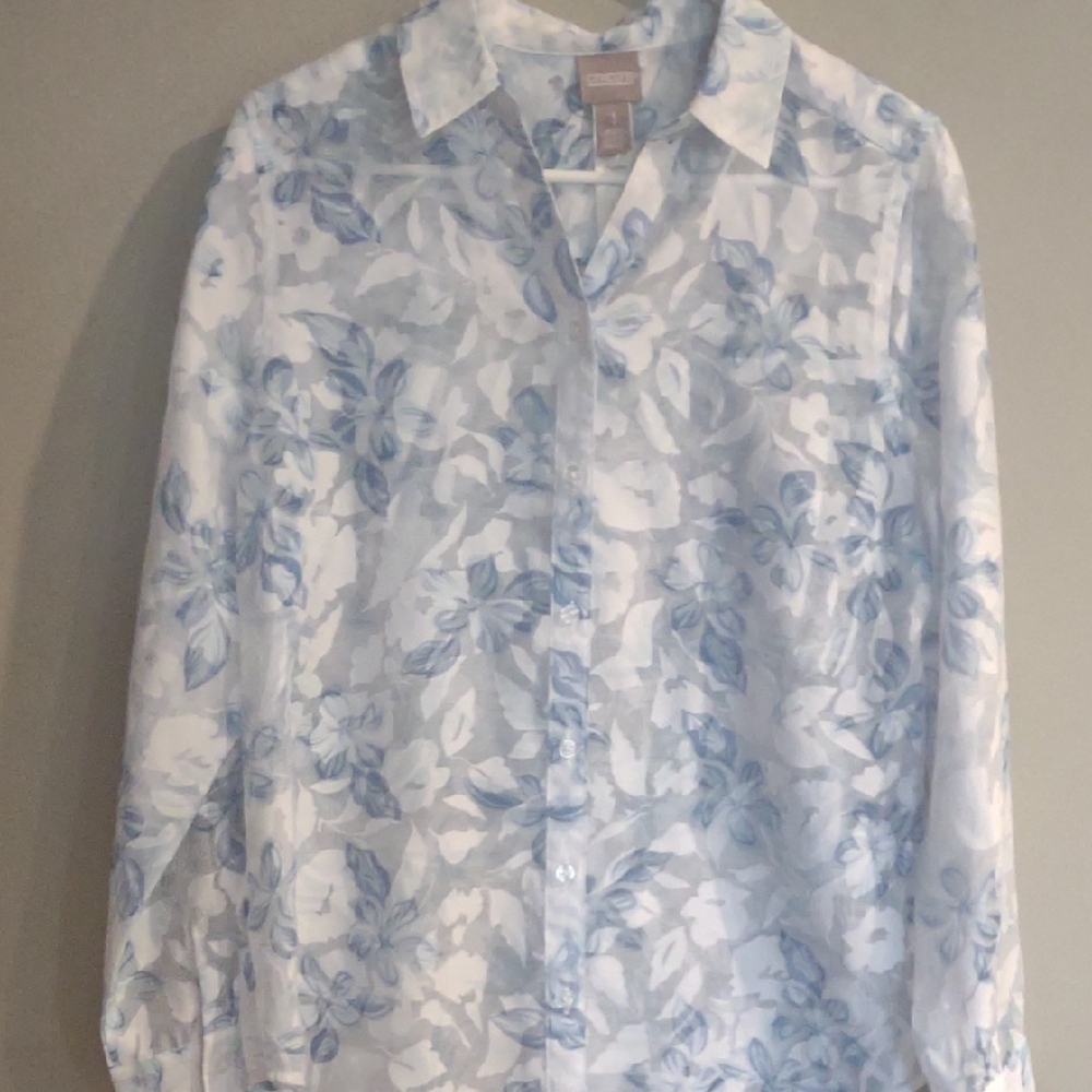 Chico's Women's‎ 1 White Blue Floral Long Sleeve Button Down Sheer Blouse